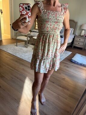 NWT Rewind smock sleeveless pink & green floral ruffle dress from Kohls. Size S